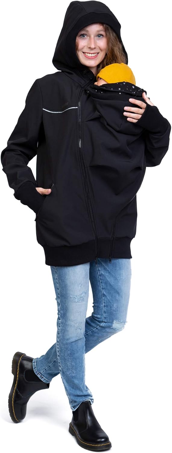 Viva la Mama 3in1 Softshell Tragejacke Baby Umstandsjacke Allwetter I JACKY, S schwarz/Punkte
