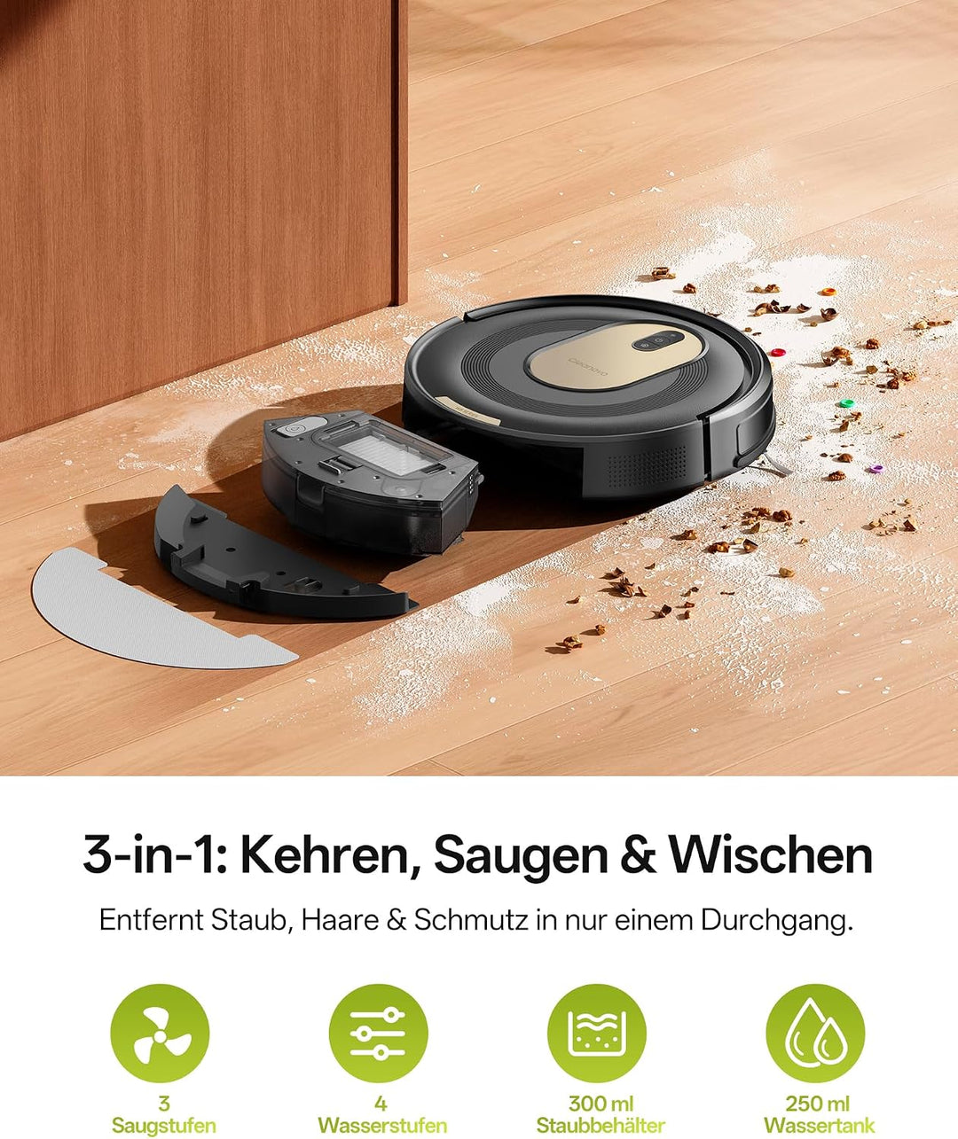 Vexilar W8 Saugroboter mit Wischfunktion, 2600Pa & 130 Min Laufzeit Staubsauger Roboter, Gyroskop-Na
