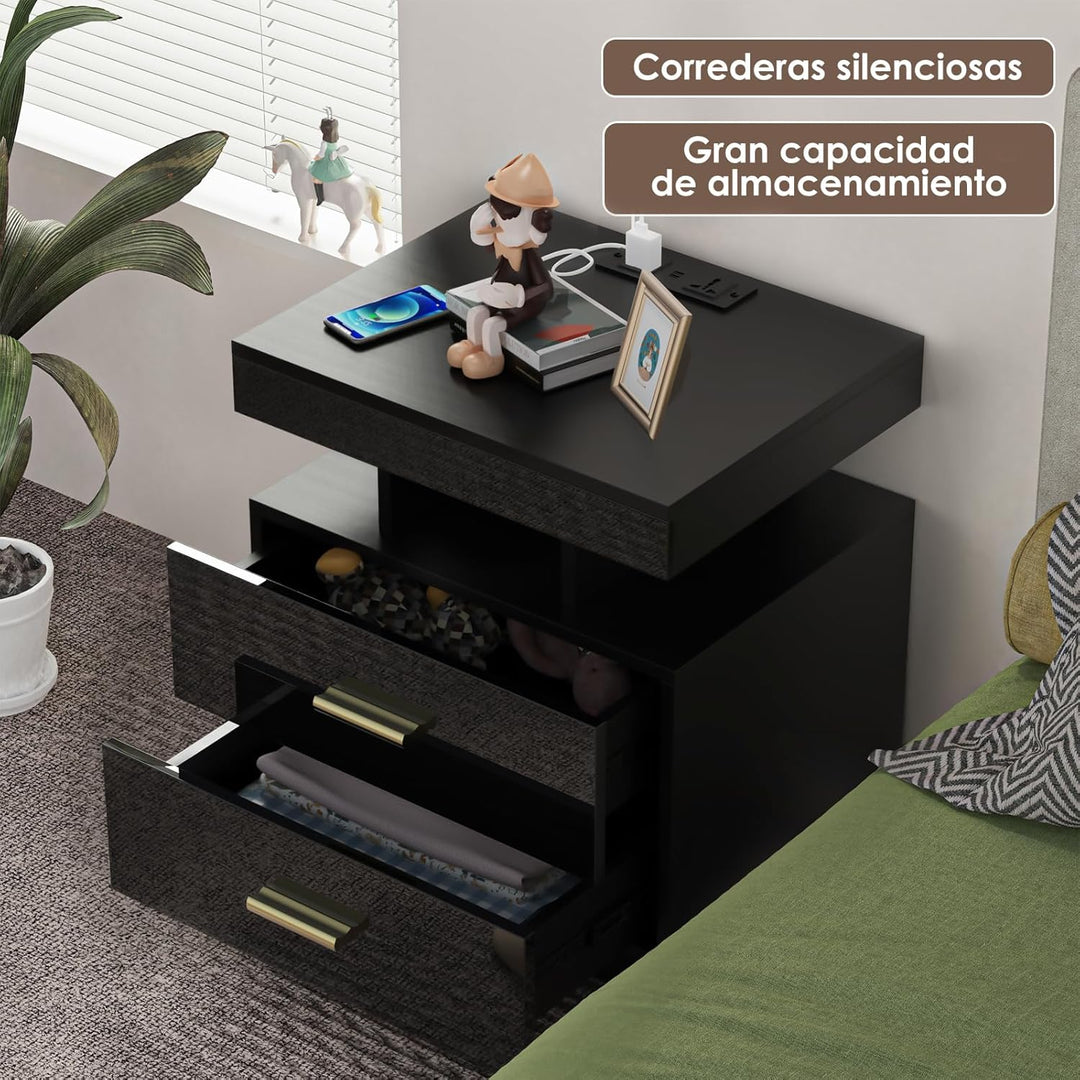 Lvhecforhm Nachttisch mit Ladestation, Nachtschrank mit Steckdosen und USB Anschlüsse, Nachttisch mi