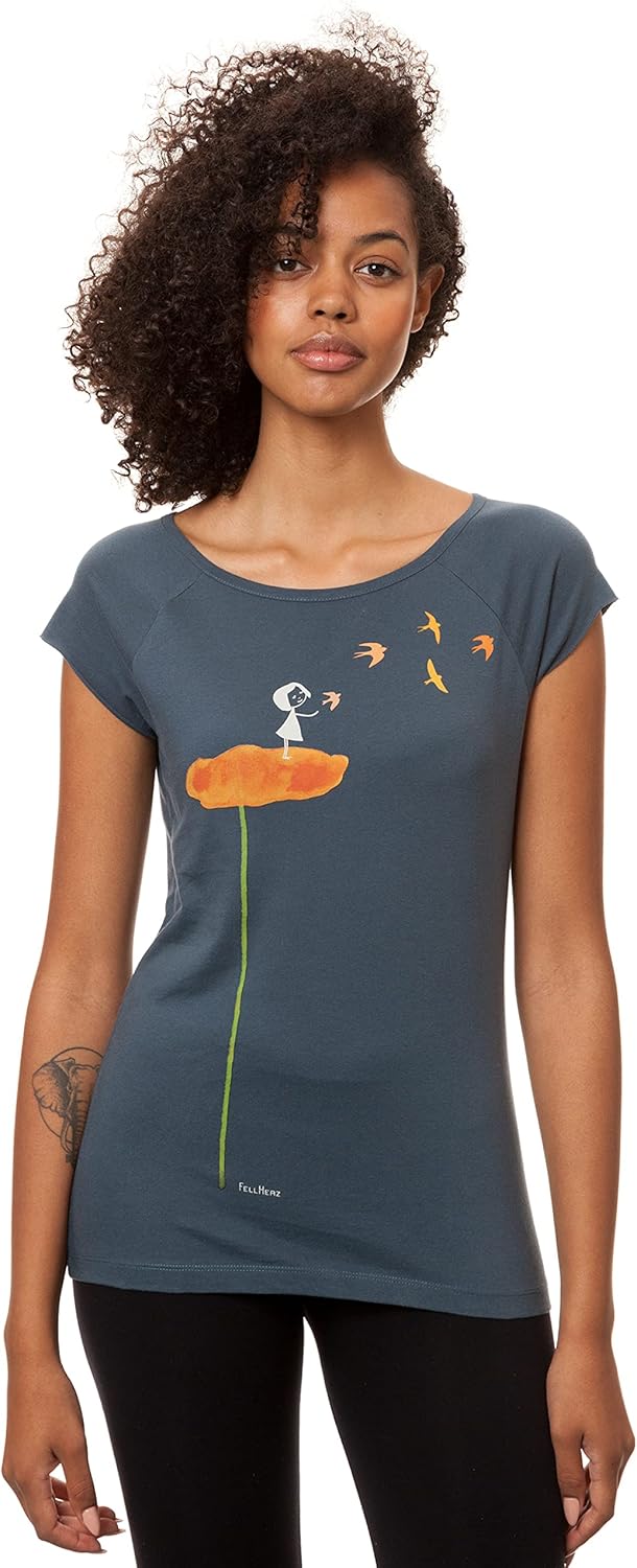 FellHerz Damen T-Shirt Schwalbenzug Blau-Grau Bio Fair und Vegan M Blau, M Blau