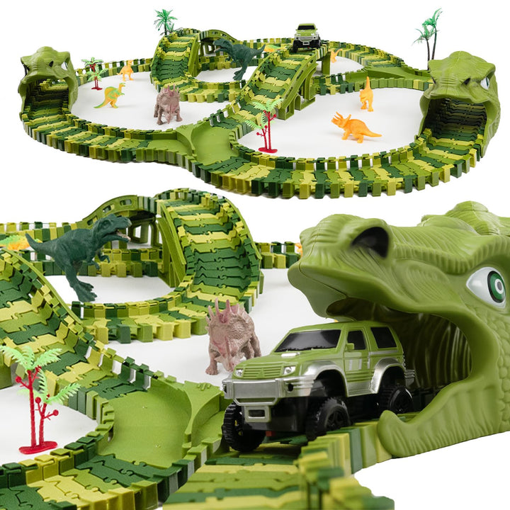 CELMAN Dinosaurier Spielzeug - Flexibles Rennbahn mit viele Teilen und Geländewagen, Autorennbahn Sp