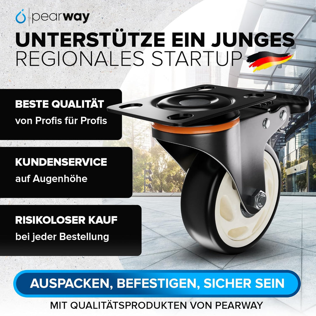 PEARWAY™ Premium Schwerlastrollen bis 600kg [4x Bremse] I Robuste Möbelrollen I Rollen für Möbel I L