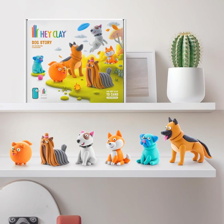 Hey Clay Dog Story 15 Dosen – Bunte lufttrocknende Modelliermasse für Kinder – Air Dry Clay Kit 15 D