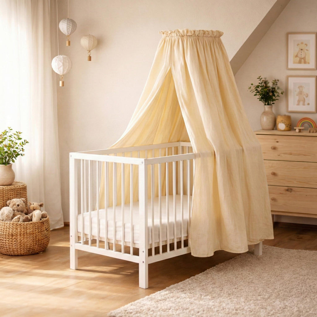 Betthimmel Babybett Set - Musselin Stoff mit montierter Himmelstange - Baldachin für Babybett zum An