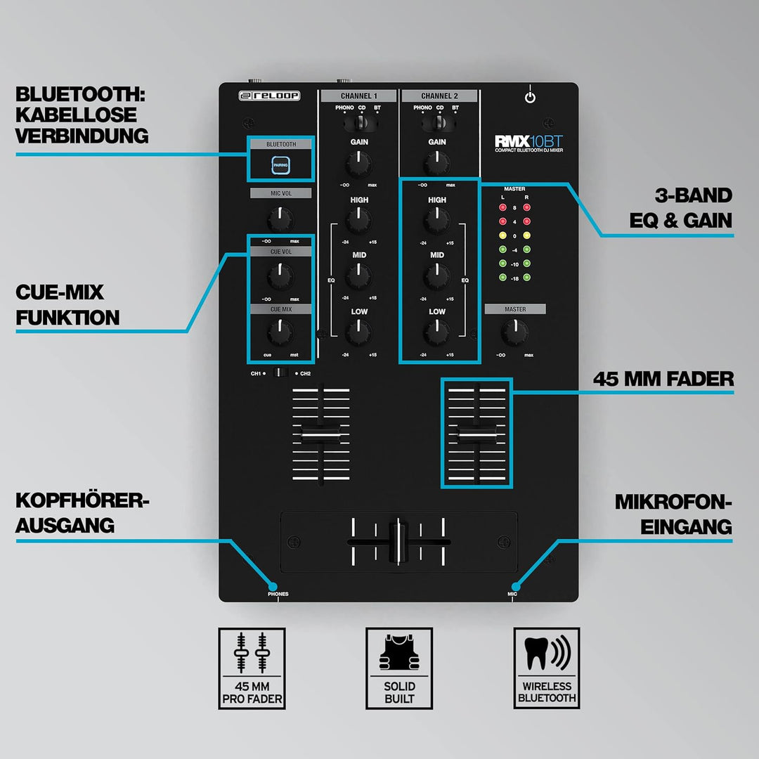 Reloop RMX-10 BT 2-Kanal Bluetooth DJ-Mixer mit eingebauter Bluetooth-Konnektivität, schwarz Single,