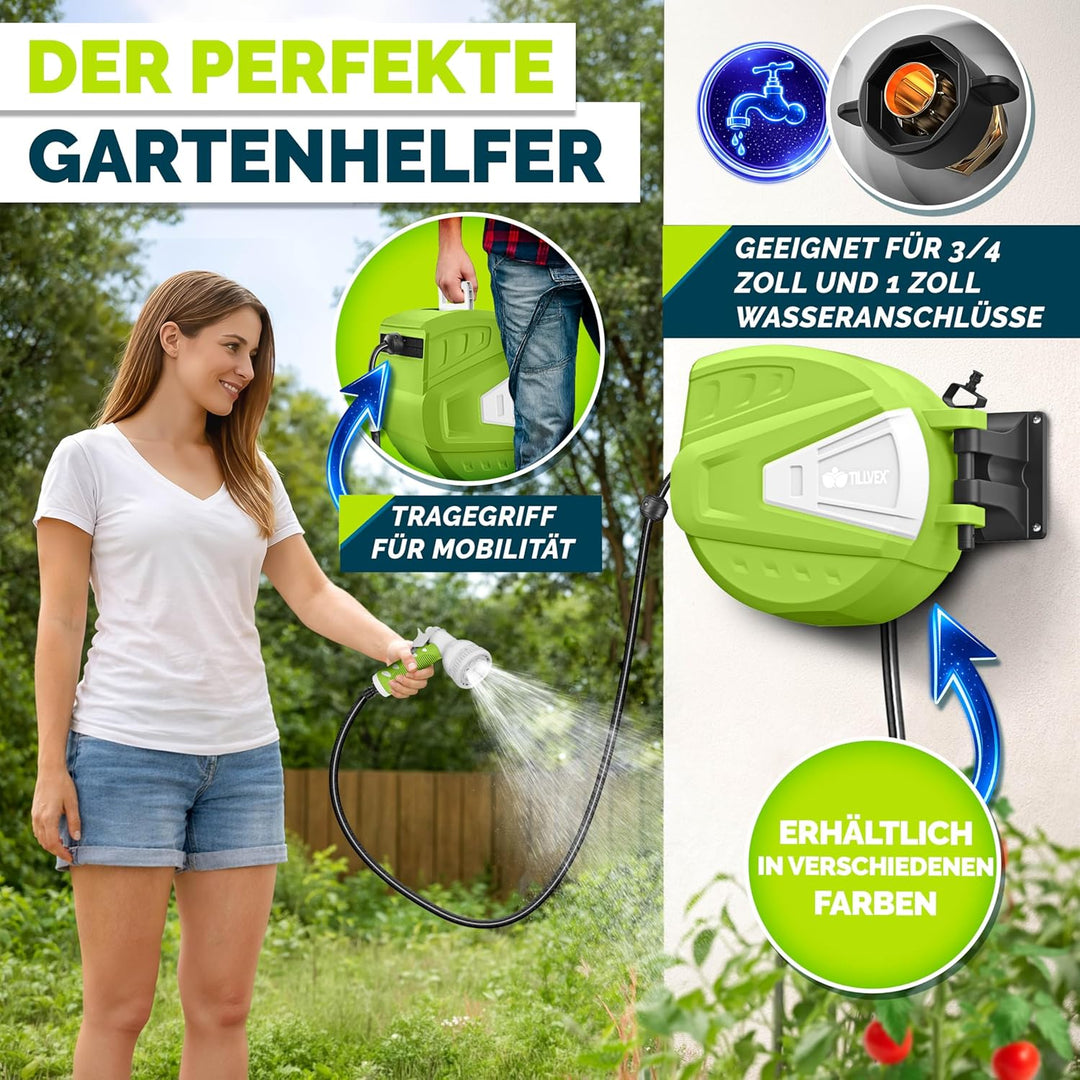 tillvex Schlauchtrommel Wasser mit Wandhalterung + Tragegriff | Schlauchaufroller mit Handbrause und
