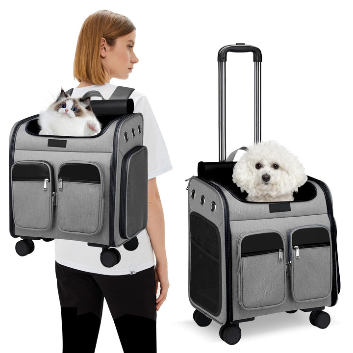PETCUTE Katzenrucksack Hunderucksack mit Trolley 2 in 1 bis 11 kg,Faltbarer Hundetrolley mit 4 Räder
