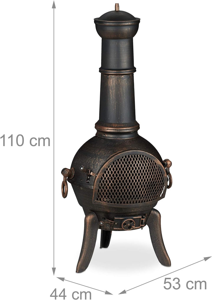Relaxdays Terrassenofen, mit Funkenschutz, Schürhaken, Feuerrost, Zugluftklappe, Gartenkamin Gusseis