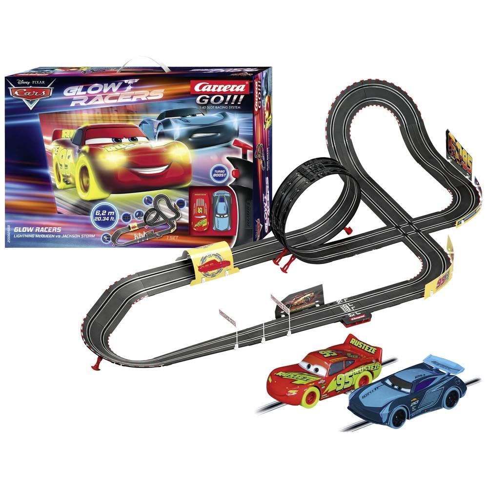 Carrera - 20062559 - Disney Cars Glow Racers I Klassische Rennbahn mit Disney-Farben I 24 Meter Stre