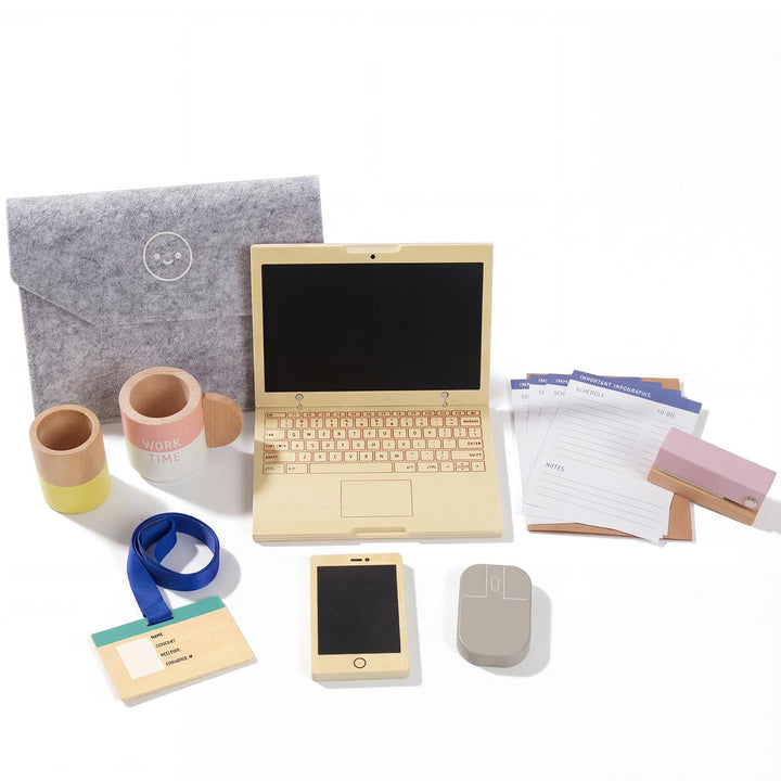 Pretend Play Home Office Set für Kinder,10Pcs Büro Playset mit hölzernem Spielzeug Laptop-Telefon fü