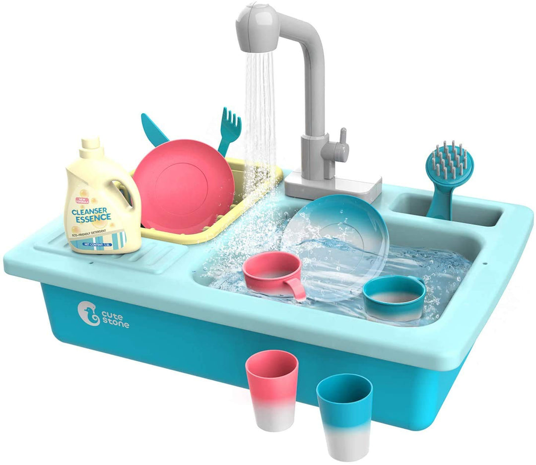 cute stone Küchenspüle Spielzeug Set mit warmbarem Wasser-Recycling Wasserhahn und Waschbecken, Wärm