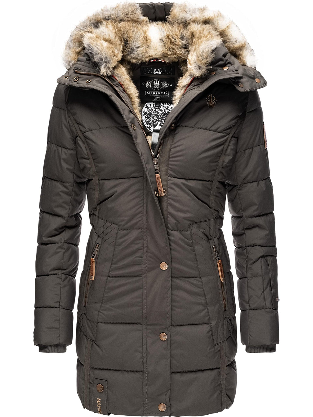 MARIKOO Damen Warmer Winter Steppmantel mit Kapuze Lieblings Jacke XS-XXL L Anthracite, L Anthracite