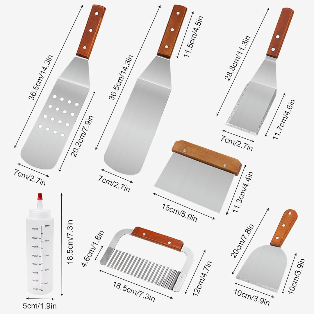 MAIKEHIGH Grillspachtel Plancha Kit Edelstahl Grillbesteck - 9 Stück Schwerer Edelstahl Pfannenwende