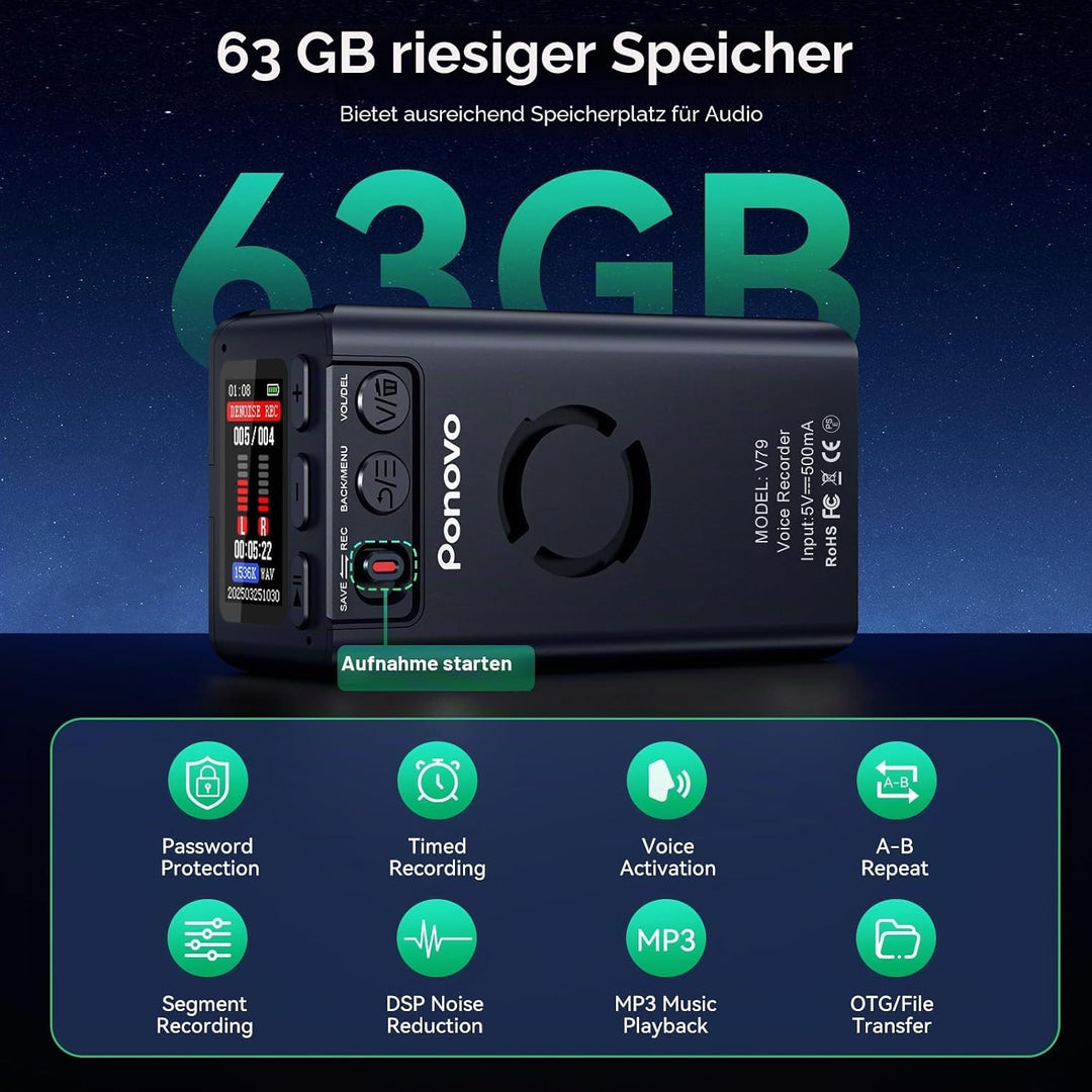 63GB Magnetisches Diktiergerät, Ponovo Digitale Aufnahmegerät Sprachaktiviertes Voice Recorder mit C