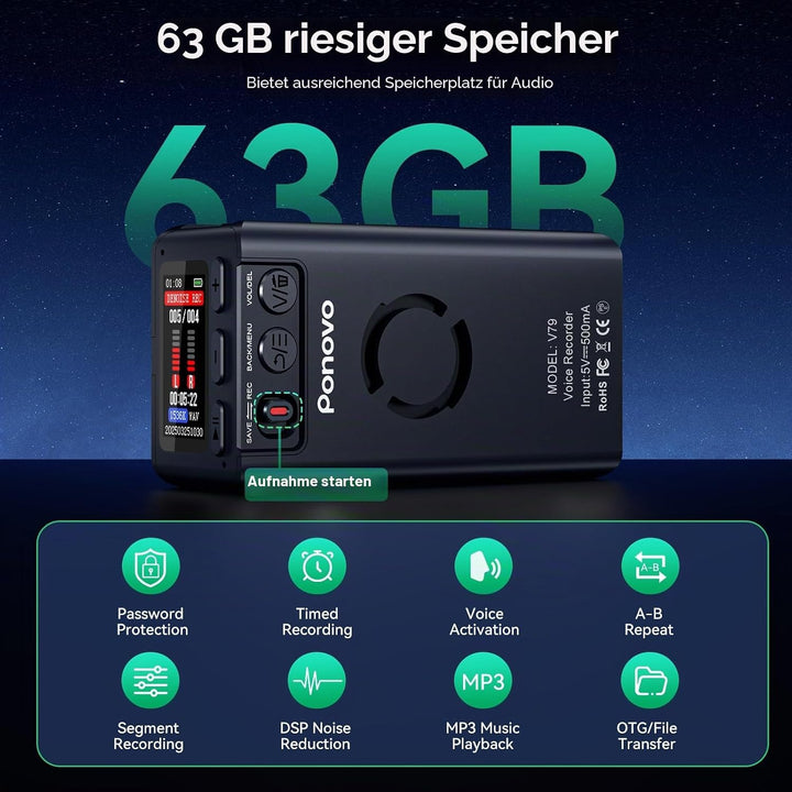 63GB Magnetisches Diktiergerät, Ponovo Digitale Aufnahmegerät Sprachaktiviertes Voice Recorder mit C
