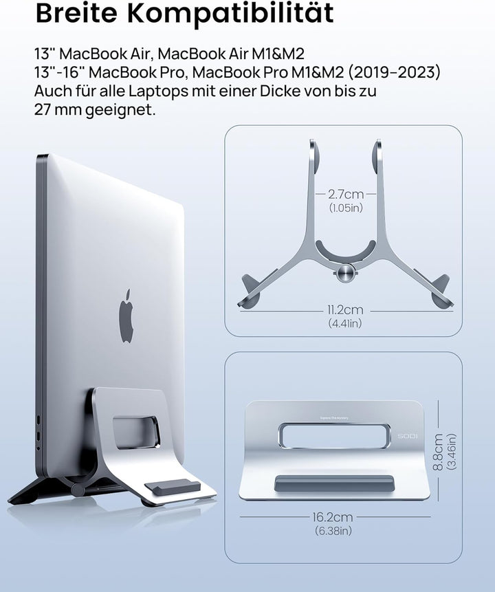 SODI Vertikal Laptop Ständer, Aluminium Vertikal Laptopständer, Laptopständer für MacBook Air, MacBo