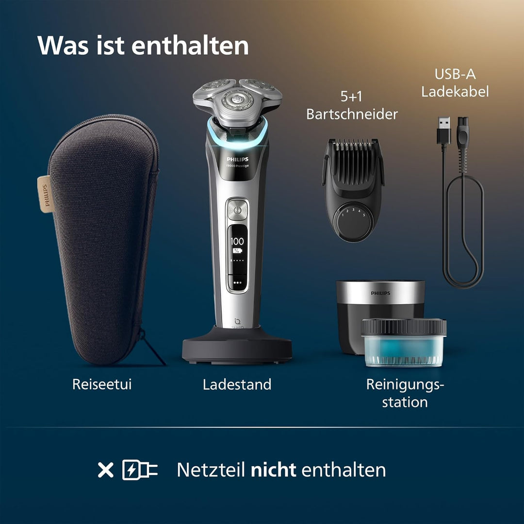 Philips Rasierer i9000 Prestige, Nass- und Trockenrasierer für Herren mit integriertem Trimmer, grau