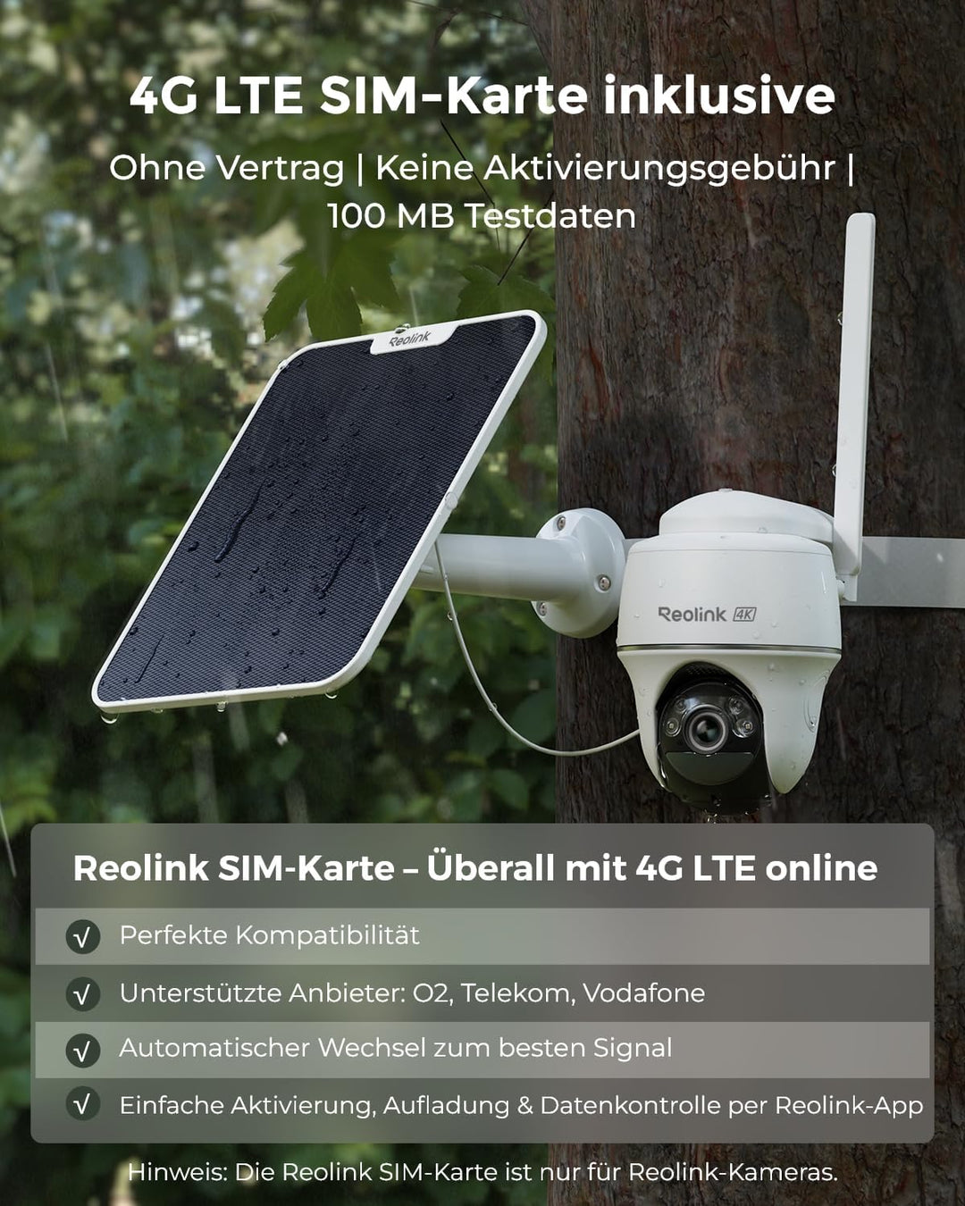 Reolink 4K 3G/4G LTE Überwachungskamera mit SIM Karte, 355°&140° PTZ Solar Kamera Outdoor mit 8MP Fa