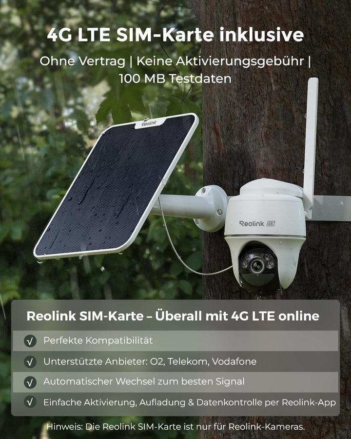 Reolink 4K 3G/4G LTE Überwachungskamera mit SIM Karte, 355°&140° PTZ Solar Kamera Outdoor mit 8MP Fa