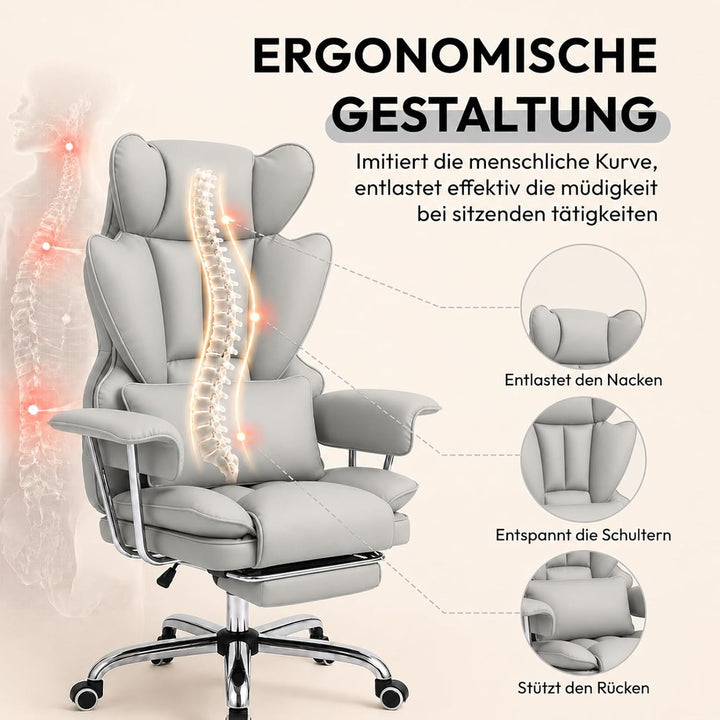 Ergonomischer Chefsessel Bürostuhl Gaming Stuhl Hochlehner mit Fussstütze & verstellb. Lendenstütze,