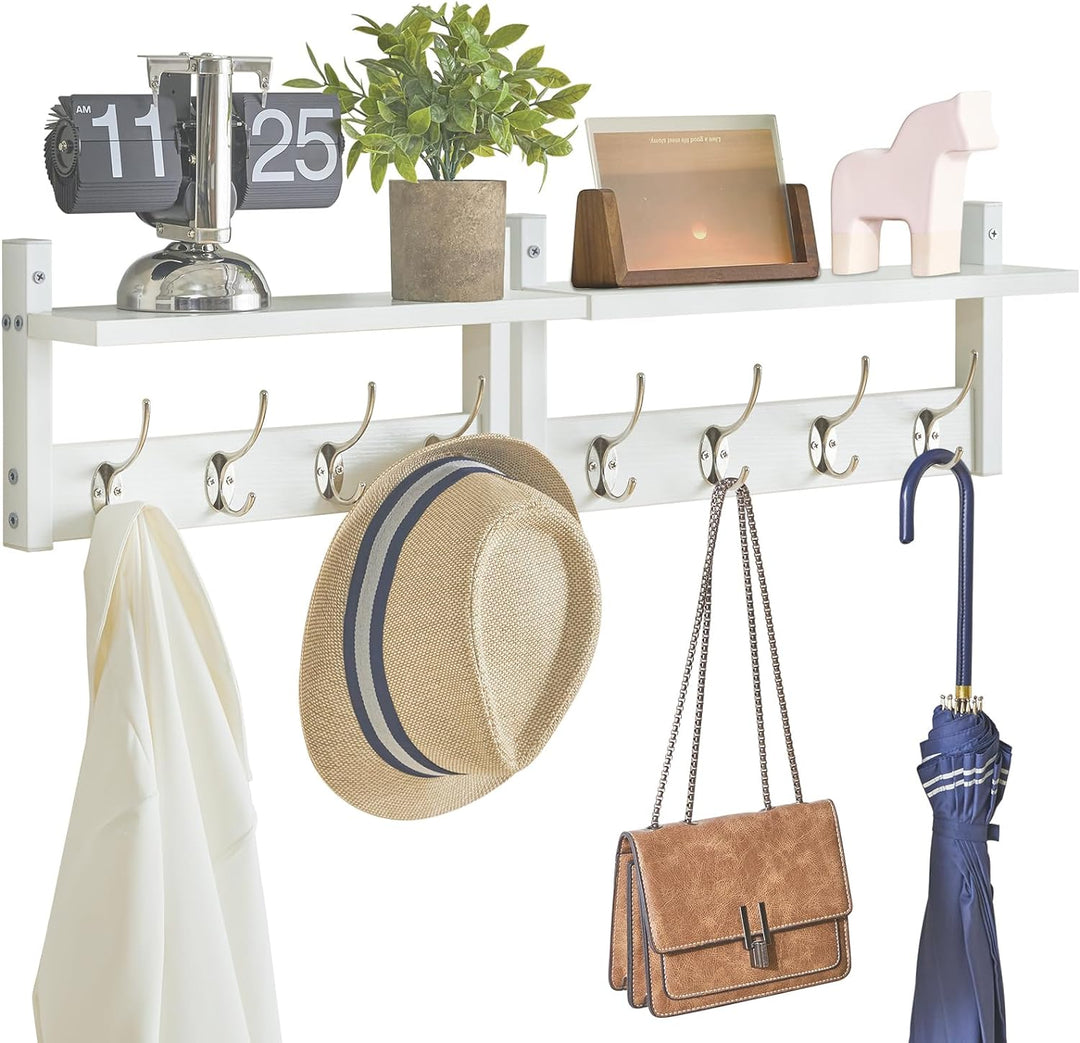 YMYNY Wandgarderoben mit Ablage, 2er Set Wandregal in einem Paket, Garderobenhaken mit 8 Doppelhaken