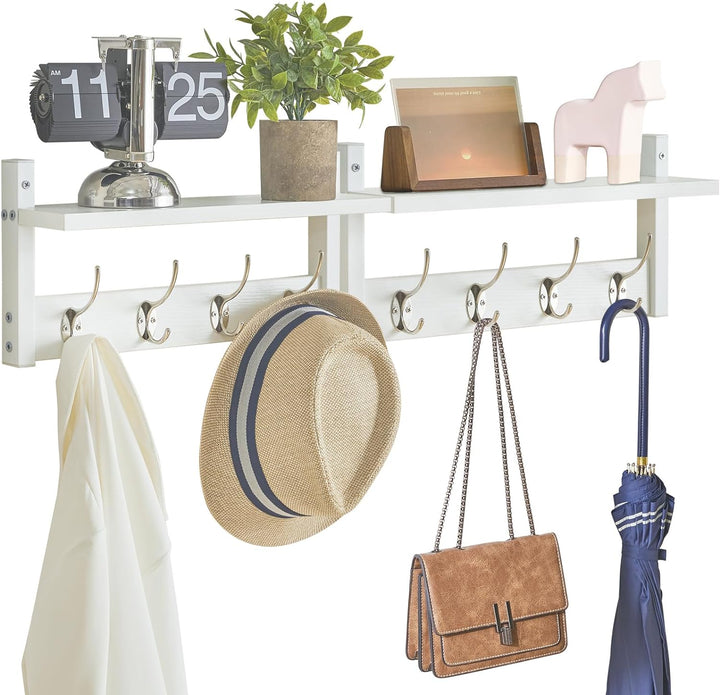 YMYNY Wandgarderoben mit Ablage, 2er Set Wandregal in einem Paket, Garderobenhaken mit 8 Doppelhaken
