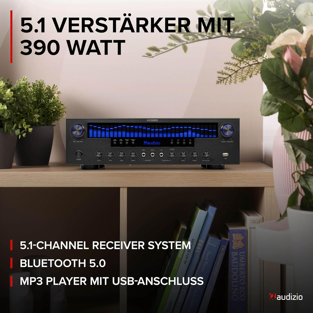 Audizio AV560EQ - 5.1 HiFi Verstärker mit Bluetooth, 390 Watt AV Receiver & Stereoanlage für Heimkin