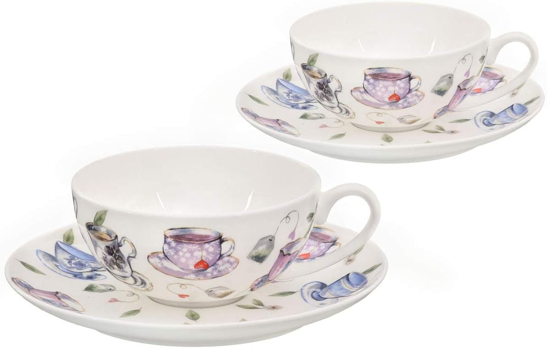 Buchensee Teetassen Set aus Fine Bone China Porzellan. 2 Teetassen je 150ml und 2 Unterteller mit st