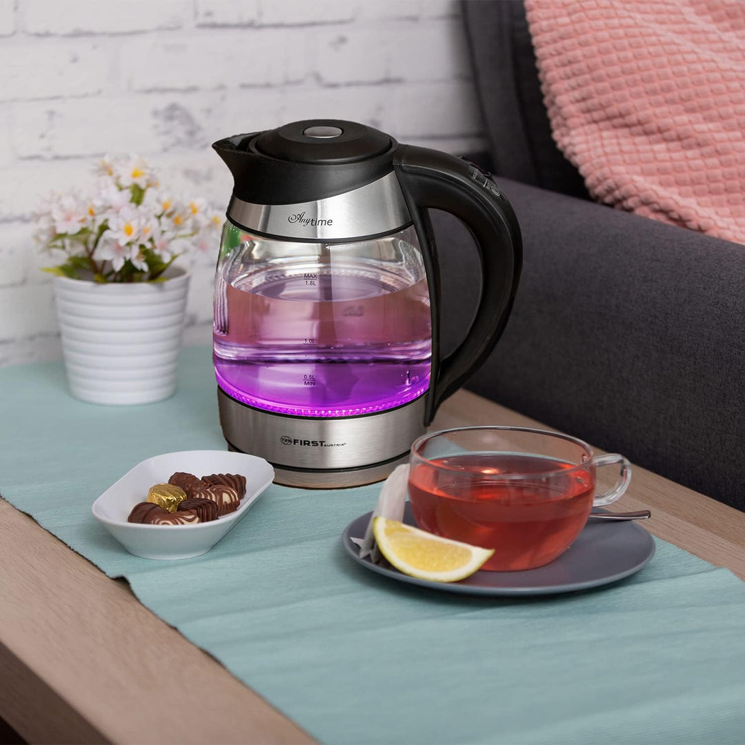 TZS First Austria Edelstahl Glaswasserkocher mit Teefilter 1,8L, 2200W, Temperatureinstellung 40 Gra