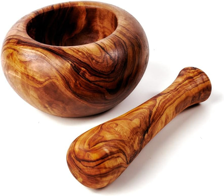 Mörser und Stössel aus Holz, Olivenholz, runder Rand (ca. 10cm Durchmesser), ca. 10cm Durchmesser