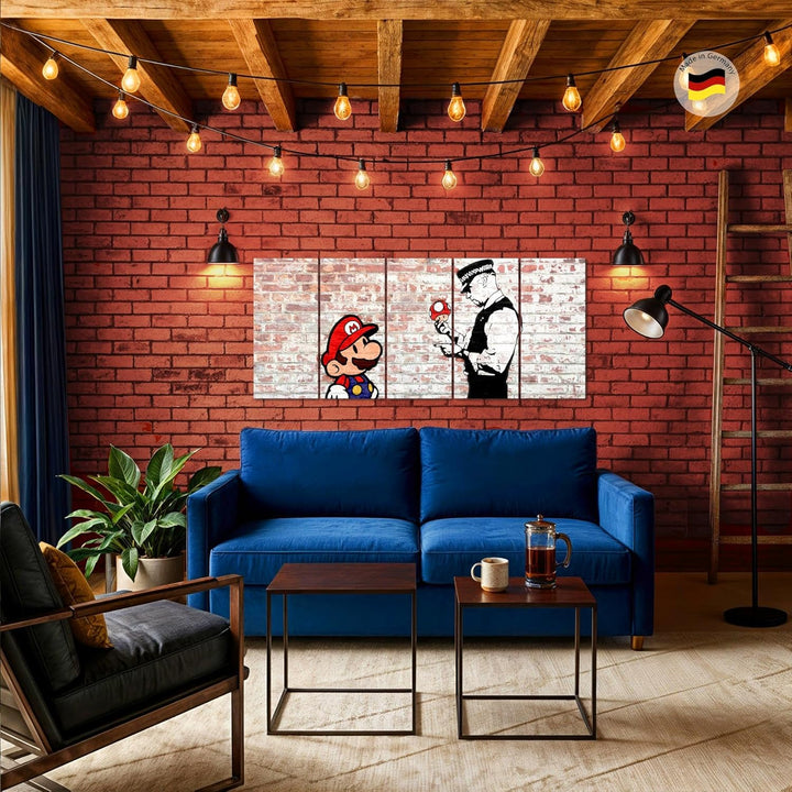 Runa Art Wandbild XXL Mario and Cop Banksy Jugendzimmer Wohnzimmer 200 x 80 cm Braun Bunt 5 Teilig -