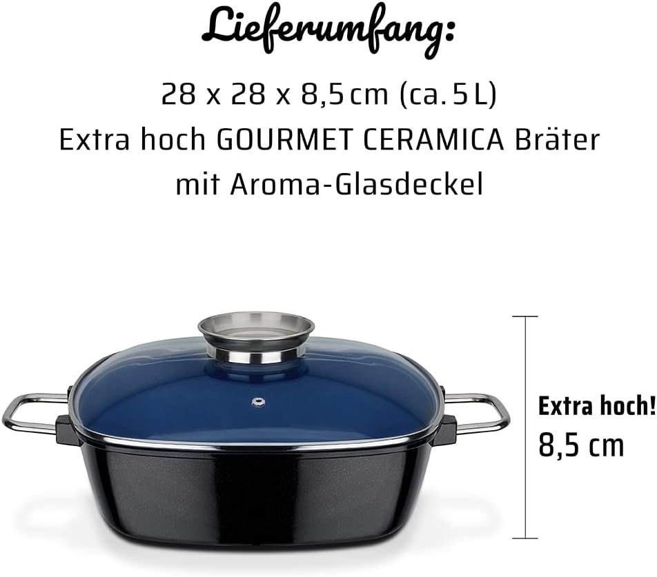 GSW 167413 Ceramica Kobaltblau Induktion Viereckbräter mit Aroma-Glasdeckel 28x28x8,5cm / ca. 5,0 Li