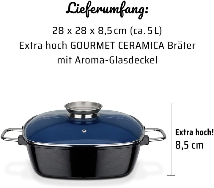 GSW 167413 Ceramica Kobaltblau Induktion Viereckbräter mit Aroma-Glasdeckel 28x28x8,5cm / ca. 5,0 Li
