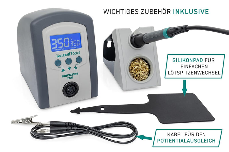 Quick 3104 Digital Regelbare ESD Lötstation inkl. Lötkolben mit 2 mm Lötspitze und Zubehör - 100°- 4