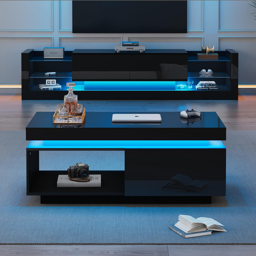 Merax Couchtisch Schwarz, Modern Wohnzimmertisch Hochglanz, mit 16-Farbiger LED Beleuchtung, Beistel