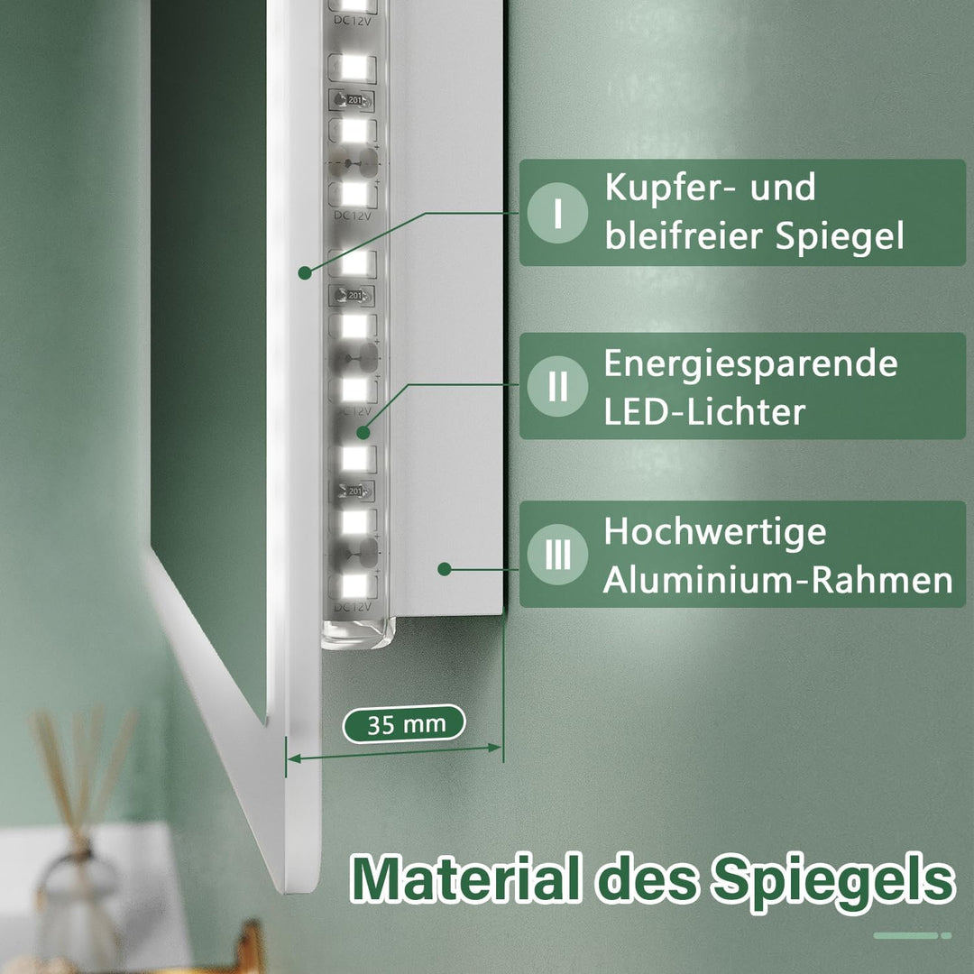 Badspiegel mit Beleuchtung 60 x 50cm WandSchalter Lichtspiegel Horizontale und vertikale Aufhängung