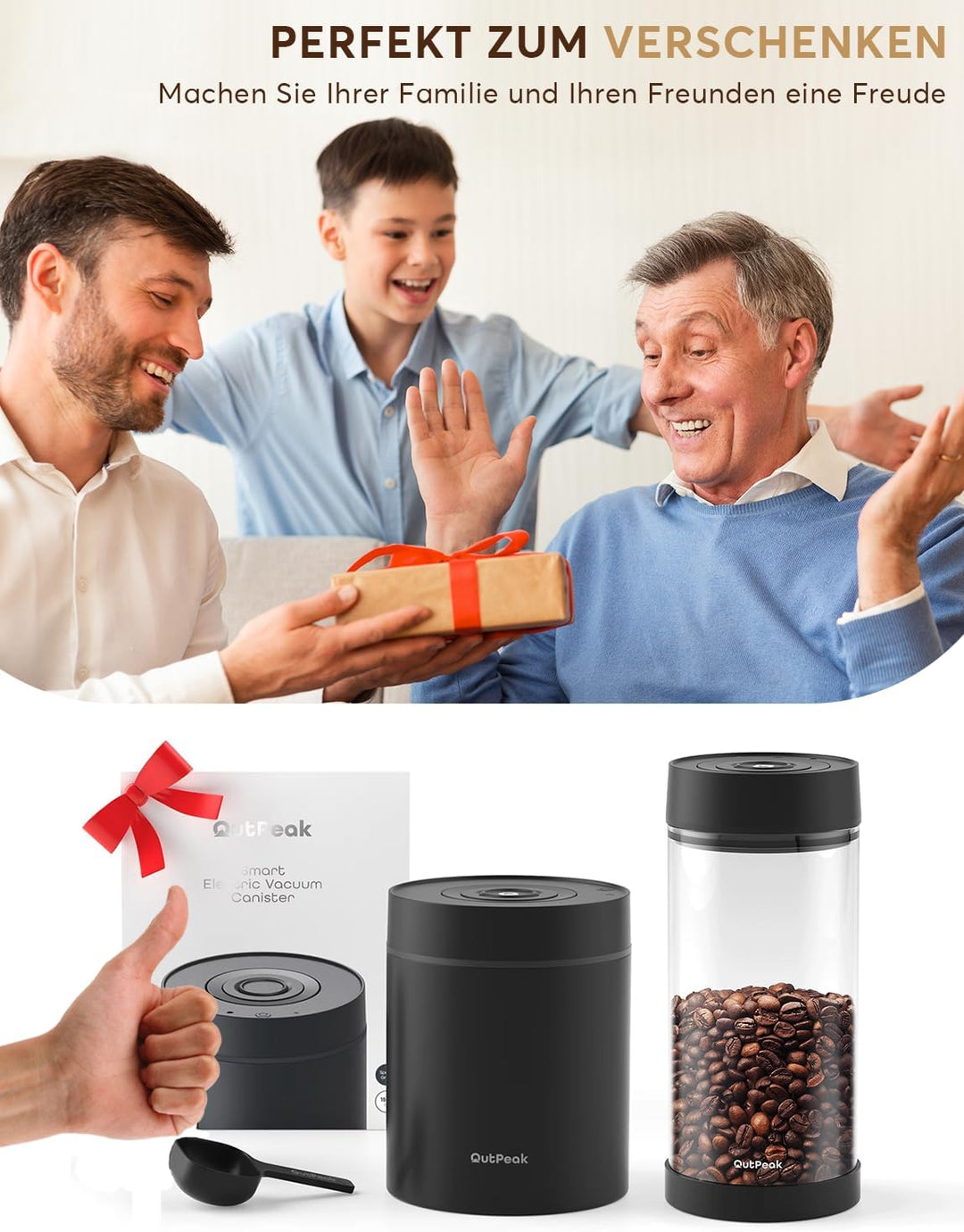 OUTPEAK Neo 2025 Kilo Auto-Vakuum-Kaffeedose, 1,5 l Fassungsvermögen für 500 ml Kaffeebohnen, Ein-Kn