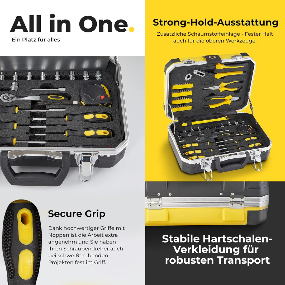 Werkzeugkoffer gefüllt, Premium All-in-One handlicher und rutschfester Werkzeugkasten 100-teilig [fü