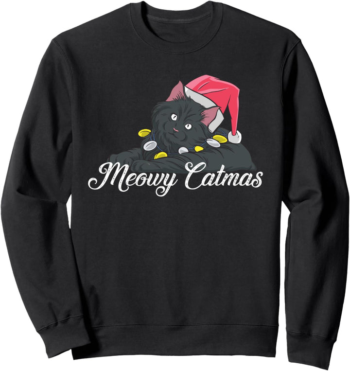 Black Cat Meowy Catmas trägt eine Weihnachtsmütze und Merry Sweatshirt