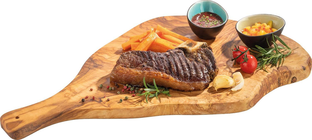Batania Olivenholzbrett, Brotzeitplatte, Holzbrett mit Griff | ca. 40 x 18 cm 40x15-20 cm, 40x15-20