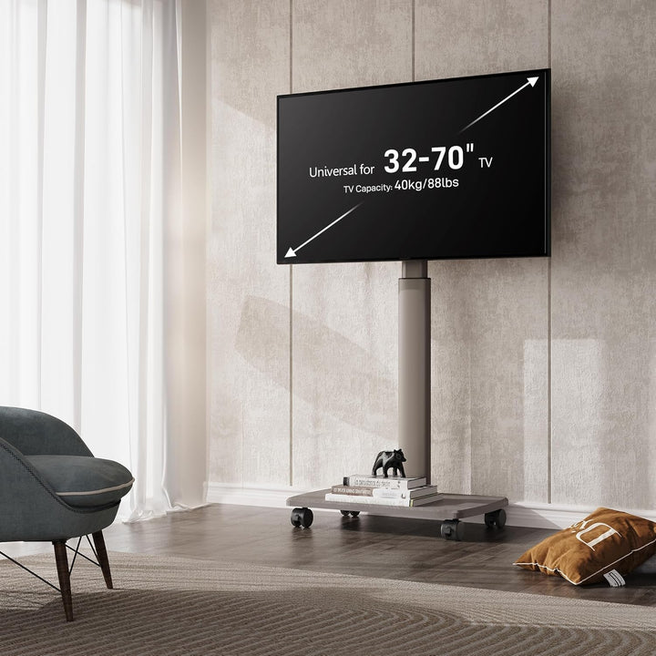 FITUEYES TV Bodenständer Rollbar mit Holzablage TV Standfuss TV Ständer Fernsehstand mit Rollen höhe
