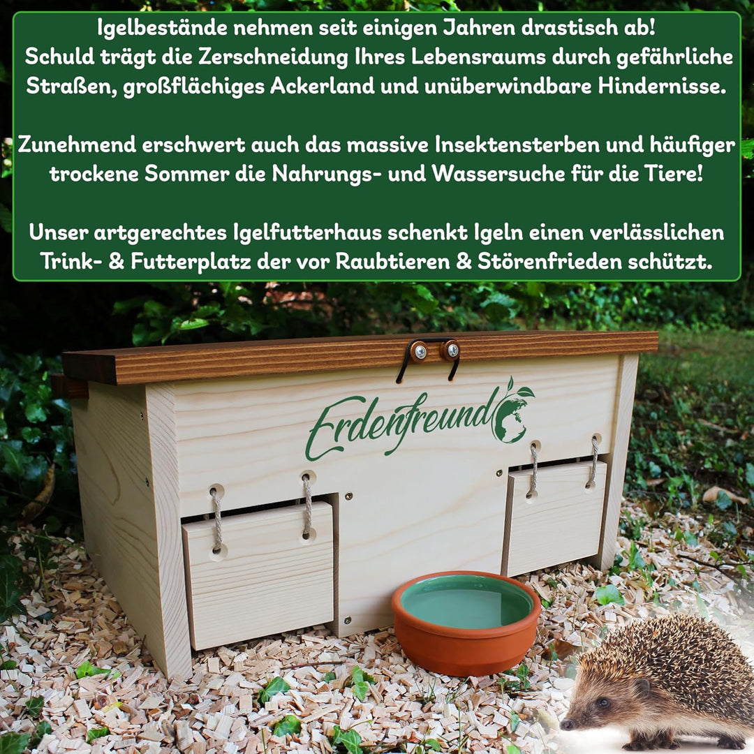 ERDENFREUND® Igelfutterhaus mit Rattenklappe + 2er Set Wasser- & Futternapf Igelhaus mit Rattenklapp