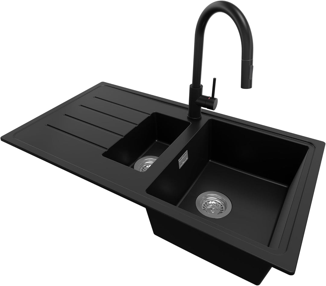 Granitspüle Schwarz 90 x 50 cm, Spülbecken + Küchenarmatur + Ablauf-Set, Küchenspüle ab 60er Untersc