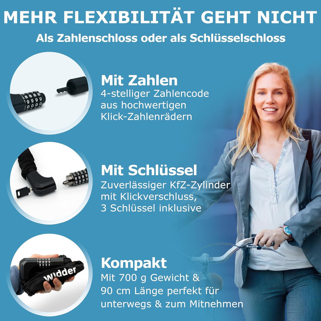 WIDDER Kettenschloss als Zahlenschloss oder Schlüsselschloss – gehärteter Stahl, 90 cm lang, 700 g l