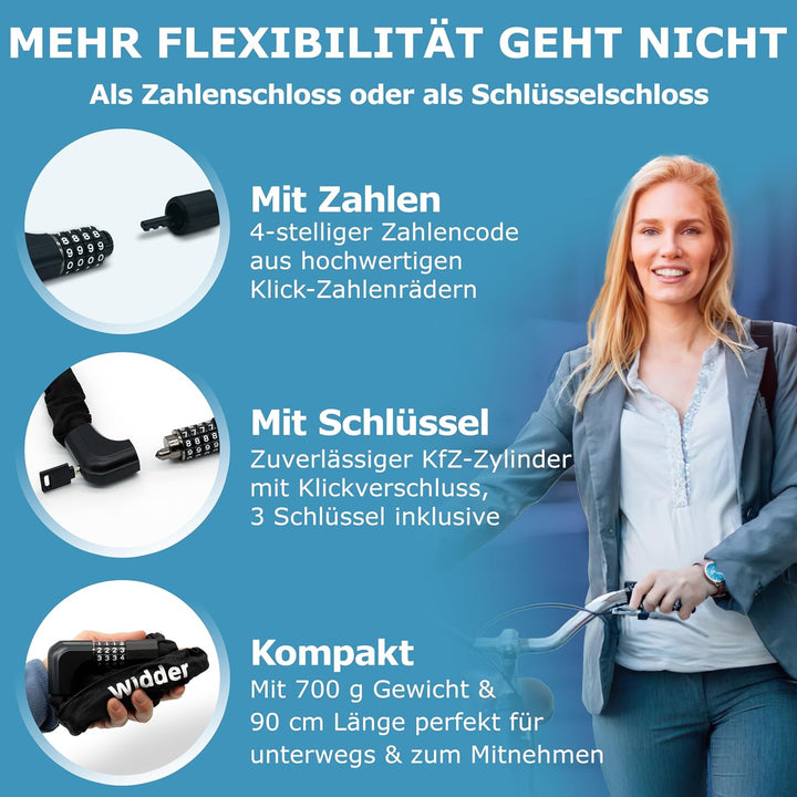 WIDDER Kettenschloss als Zahlenschloss oder Schlüsselschloss – gehärteter Stahl, 90 cm lang, 700 g l