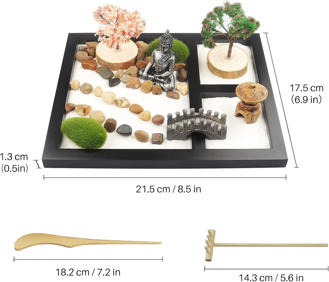 porlik Japanischer Zen-Garten für den Schreibtisch, Mini-Zen-Garten mit Sand, künstliche Bonsai-Baum