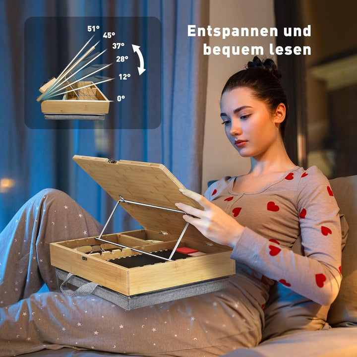 AboveTEK Buchständer zum Lesen mit Aufbewahrung, verstellbarer Bambus-Buchhalter mit weichem Schossk
