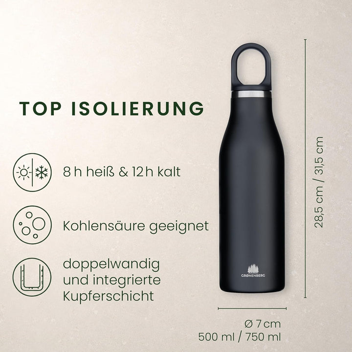 Groenenberg Trinkflasche Edelstahl 500ml oder 750ml | 100% Auslaufsicher | Thermosflasche Kohlensäur