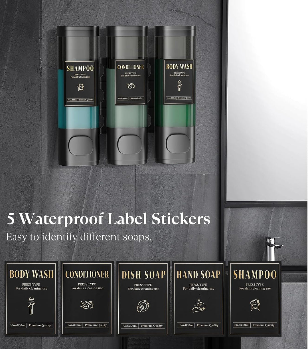 Luxspire Shampoo- und Conditioner-Spender, bohrerloser Wand-Duschseifenspender mit 3 Kammern und was