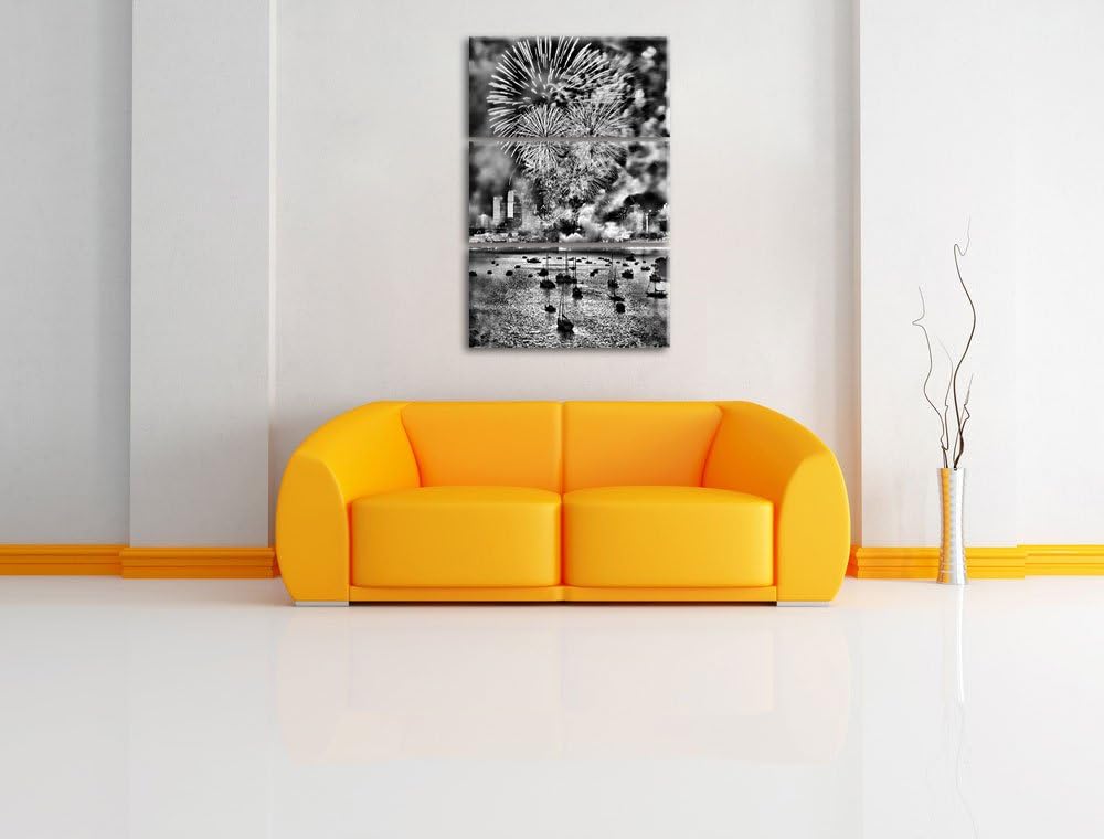 Pixxprint Monocrome, Boot auf See Feuerwerk 3-Teiler Leinwandbild 120x80 Bild auf Leinwand